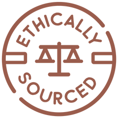 Circular logo with 'Ethically Sourced' text and a scale symbol, in brown color.