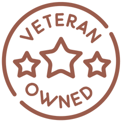 Brown 'Veteran Owned' stamp with three stars on a white background