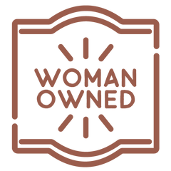 Logo with 'Woman Owned' text inside a decorative brown border on a white background