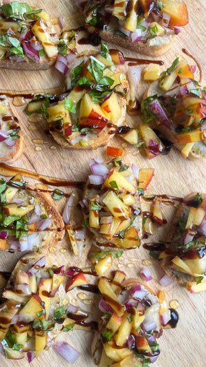 Honee Pistachio Chèvre and Peach Bruschetta - Rebel Cheese