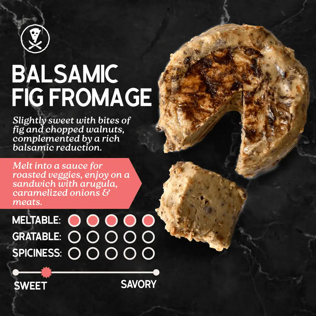 dairy-free balsamic fig fromage with descriptive text and rating on a dark background