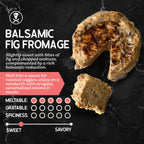dairy-free balsamic fig fromage with descriptive text and rating on a dark background
