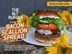 Burger with Bacon Scallion Spread, and vegetables on a plate with text about Rebel Cheese.
