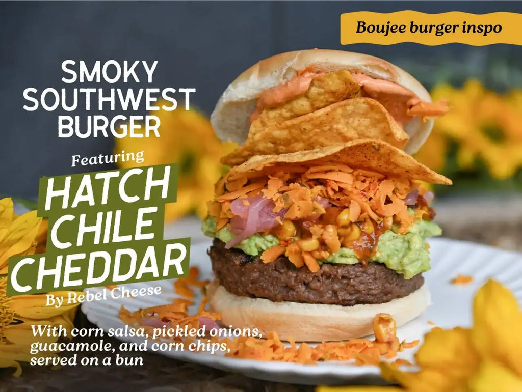 Smoky Southwest Burger with Hatch Chile Cheddar on a bun, featuring corn salsa, pickled onions, guacamole, and corn chips, with text overlay.