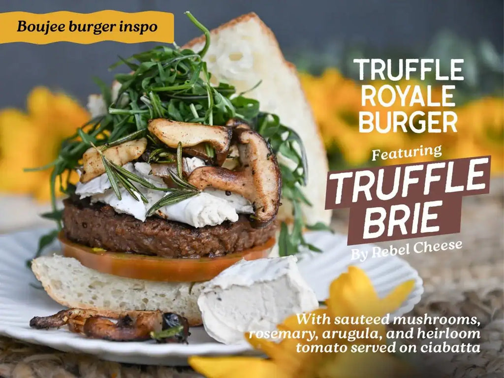 Truffle Royale Burger with truffle brie, sautéed mushrooms, and arugula on a ciabatta bun.