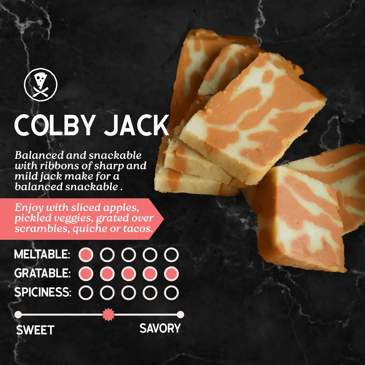 dairy-free Colby Jack cheese slices on a dark background with product description.