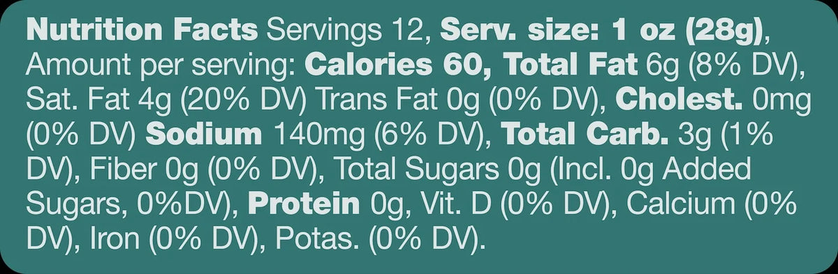 Nutrition facts label for a product with serving size, calories, and nutritional content details. 