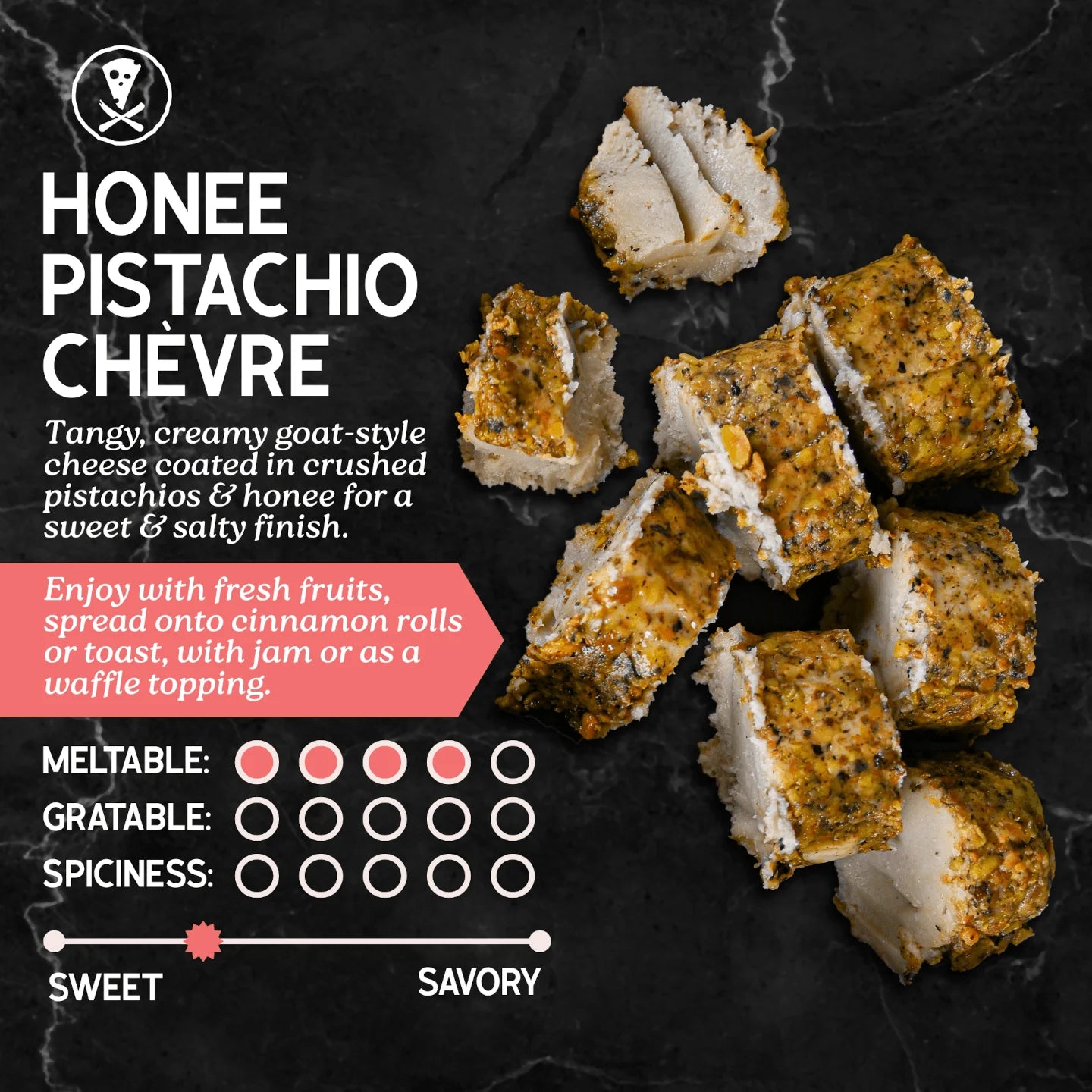 Rebel Cheese dairy-free goat cheese logs with pistachio and honey flavor on a dark surface, accompanied by text and rating indicators.