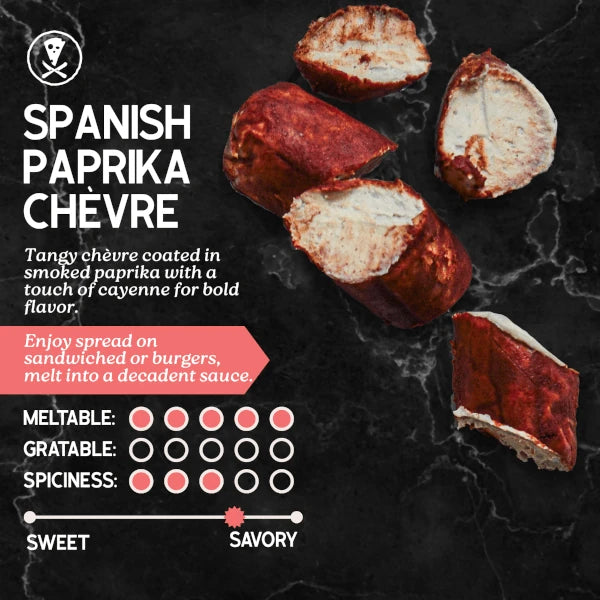 Spanish Paprika Chèvre with description and rating on a dark background