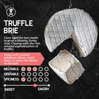 Truffle Brie with description and flavor profile on a dark background
