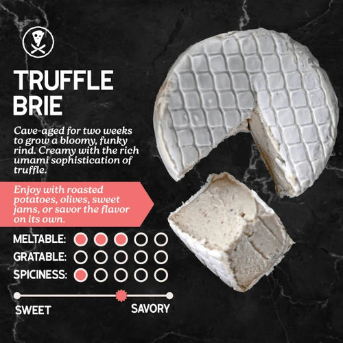 Truffle Brie with description and flavor profile on a dark background