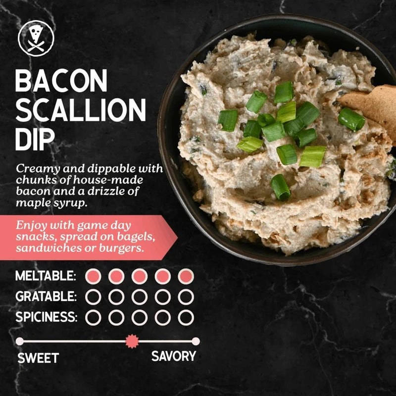 Bacon scallion dip with text and rating system on a dark background