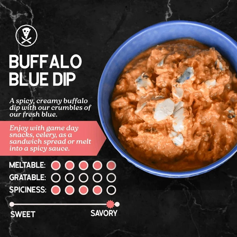 Buffalo blue cheese dip in a blue bowl with descriptive text on a black background