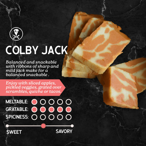 Colby Jack cheese slices on a dark background with descriptive text and rating system.
