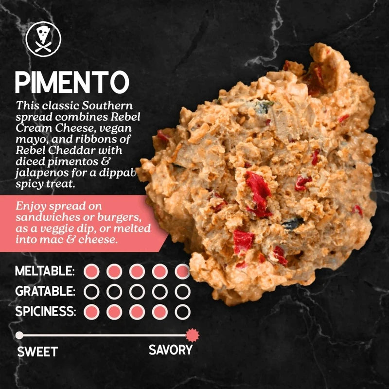 Pimento spread with text and rating system on a black background