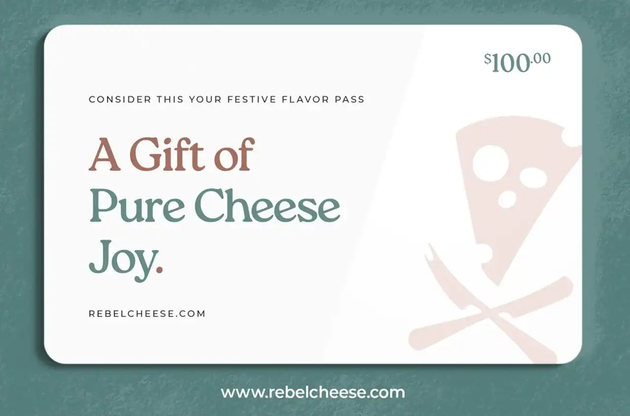Gift card for Rebel Cheese with text and logo on a teal background