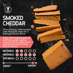Smoked cheddar cheese with text describing its flavor profile and uses on a dark background.