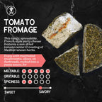 Tomato Herb Fromage cheese with description and flavor profile on a dark background