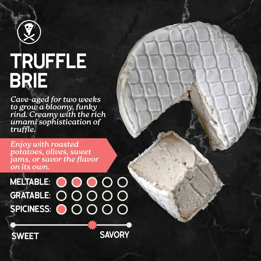 Truffle Brie with description and flavor profile on a dark background
