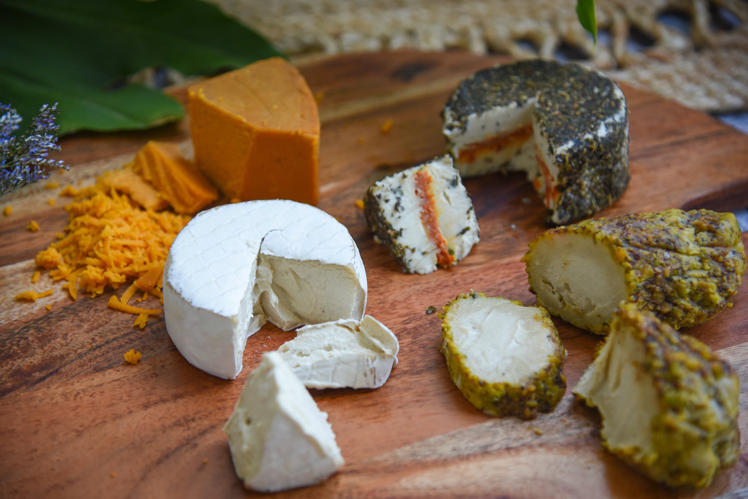 assorted vegan cheeses on a cheeseboard