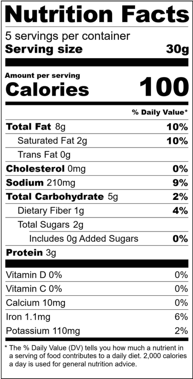 Nutrition facts label for the Bacon Scallion Spread, including serving size, calories, and nutritional content details.