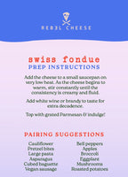 Rebel Cheese Swiss fondue prep instructions and pairing suggestions on a blue and white background