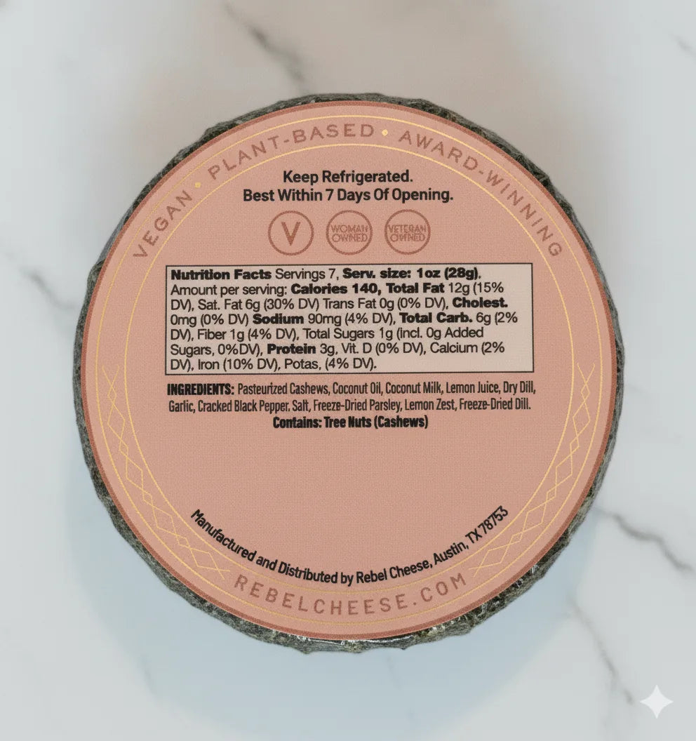 Back of Lemon Dill Fromage with nutrition facts and ingredients listed on a white background