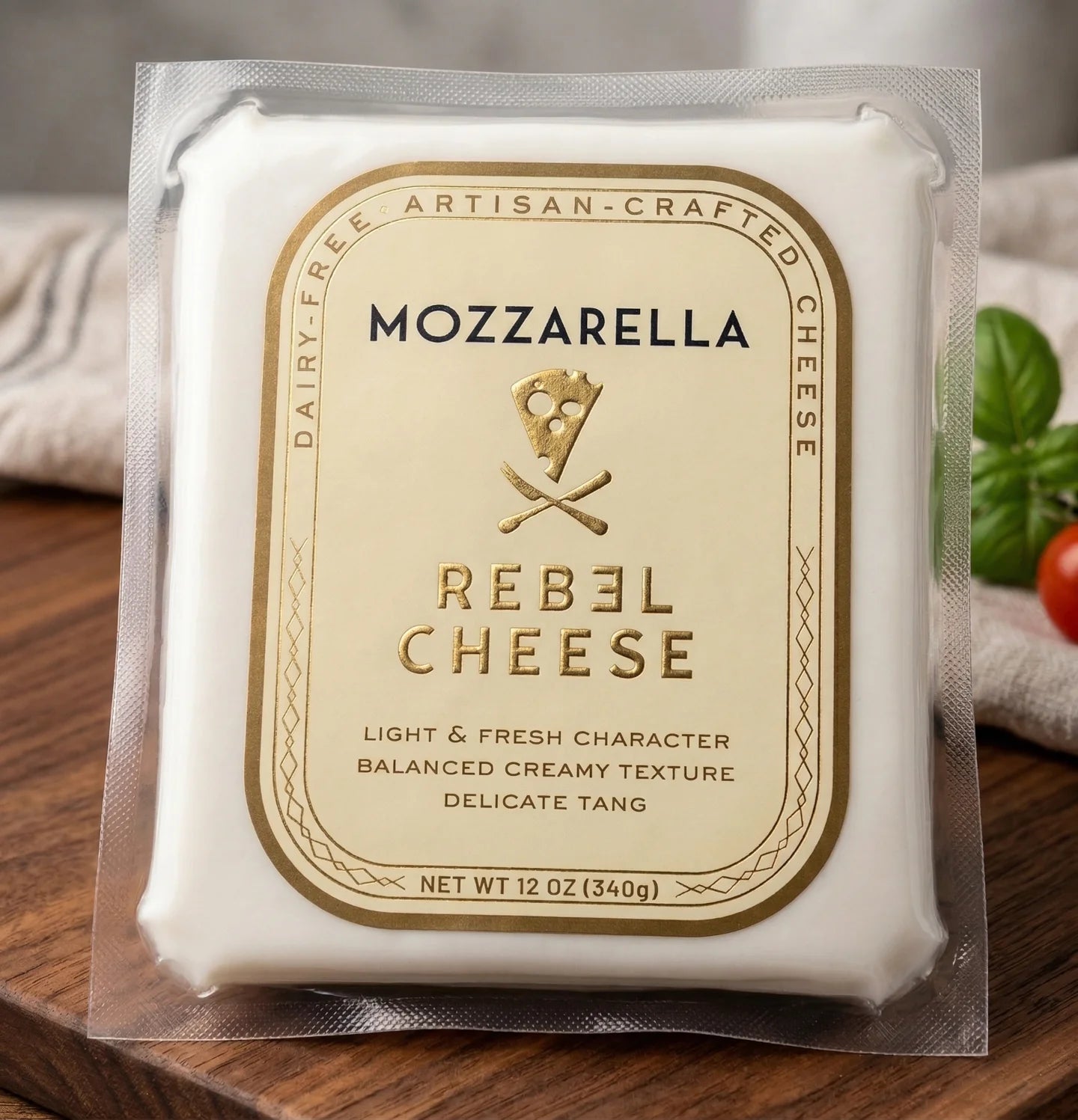 Mozzarella cheese package by Rebel Cheese on a wooden surface with basil and tomato in the background.