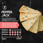 Slices of pepper jack cheese with descriptive text on a dark background