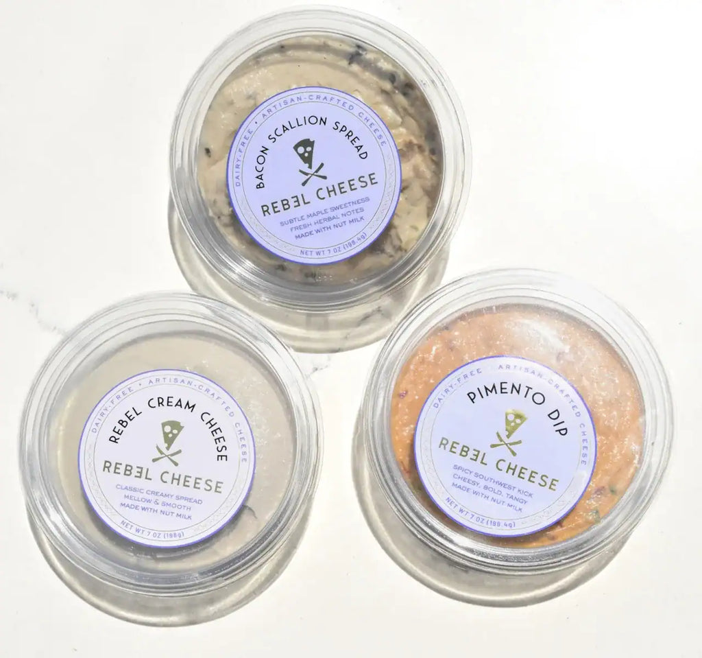 dairy free trio of Pimento Cheese, Bacon Scallion Spread, and Cream Cheese by Rebel Cheese