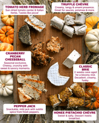 Assorted cheeses on a wooden board with pumpkins around, labeled with descriptions.