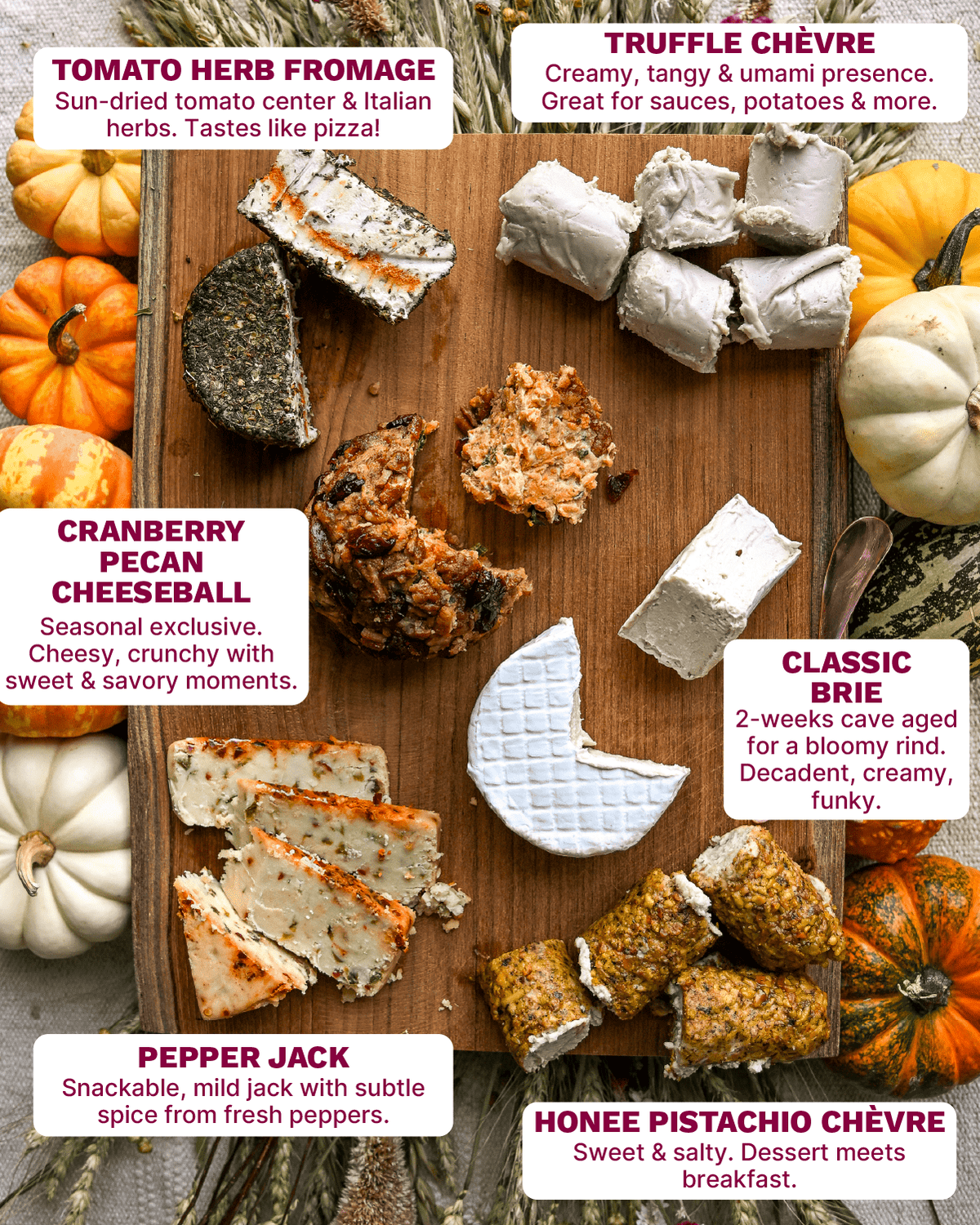 Assorted cheeses on a wooden board with pumpkins around, labeled with descriptions.