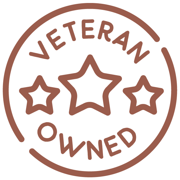 Brown 'Veteran Owned' stamp with three stars on a white background
