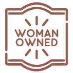 Logo indicating 'Woman Owned' with a decorative border.