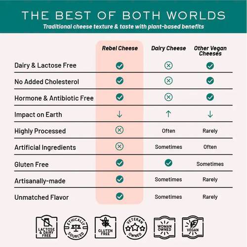 How Rebel Cheese plant-based cheese compares to dairy cheese on cholesterol, lactose, and ingredients.