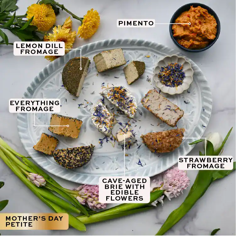 Assorted dairy-free cheeses on a white surface with labels.